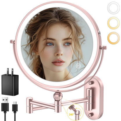 9" Wall Mounted Lighted Makeup Mirror,4000mAh Rechargeable Double Sided 1X/10X Magnifying Mirror with Light,3 Color Lights,Touch Dimmable,Extended Arm 360 Rotation Wall Mounted Makeup Mirror