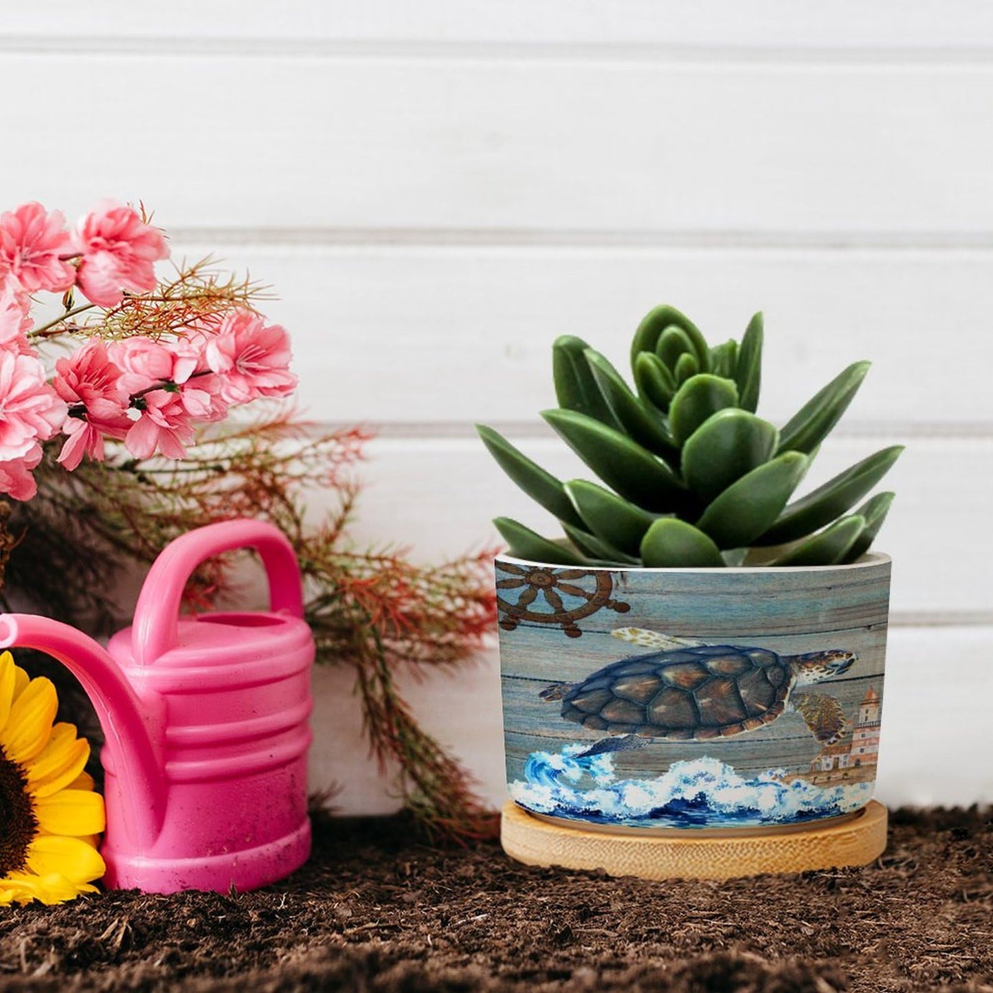 DreamAutumn Ocean Theme Sea Turtle Ceramic Pots for Plants with Drainage Holes Round Flower Pot Bamboo Tray Orchid Pot Succulents Pots for Outdoor Indoor Plants,Housewarming Gifts