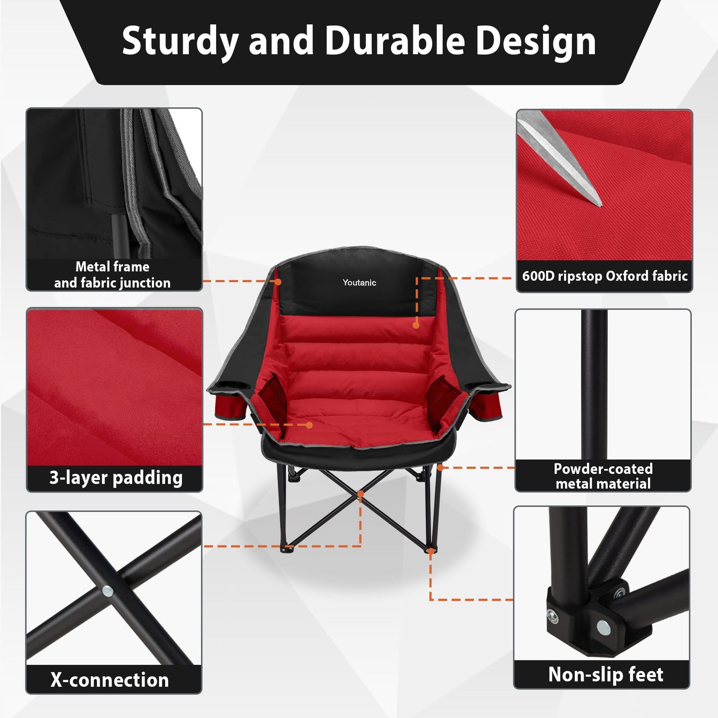 Youtanic Oversized Camping Chair, Portable Folding Camping Chairs with Side Pocket, Cup Holder and Carry Bag, Heavy Duty Outdoor Camping Chairs for Adults, Fishing, Sports, Trip, up to 400lbs, Style 5