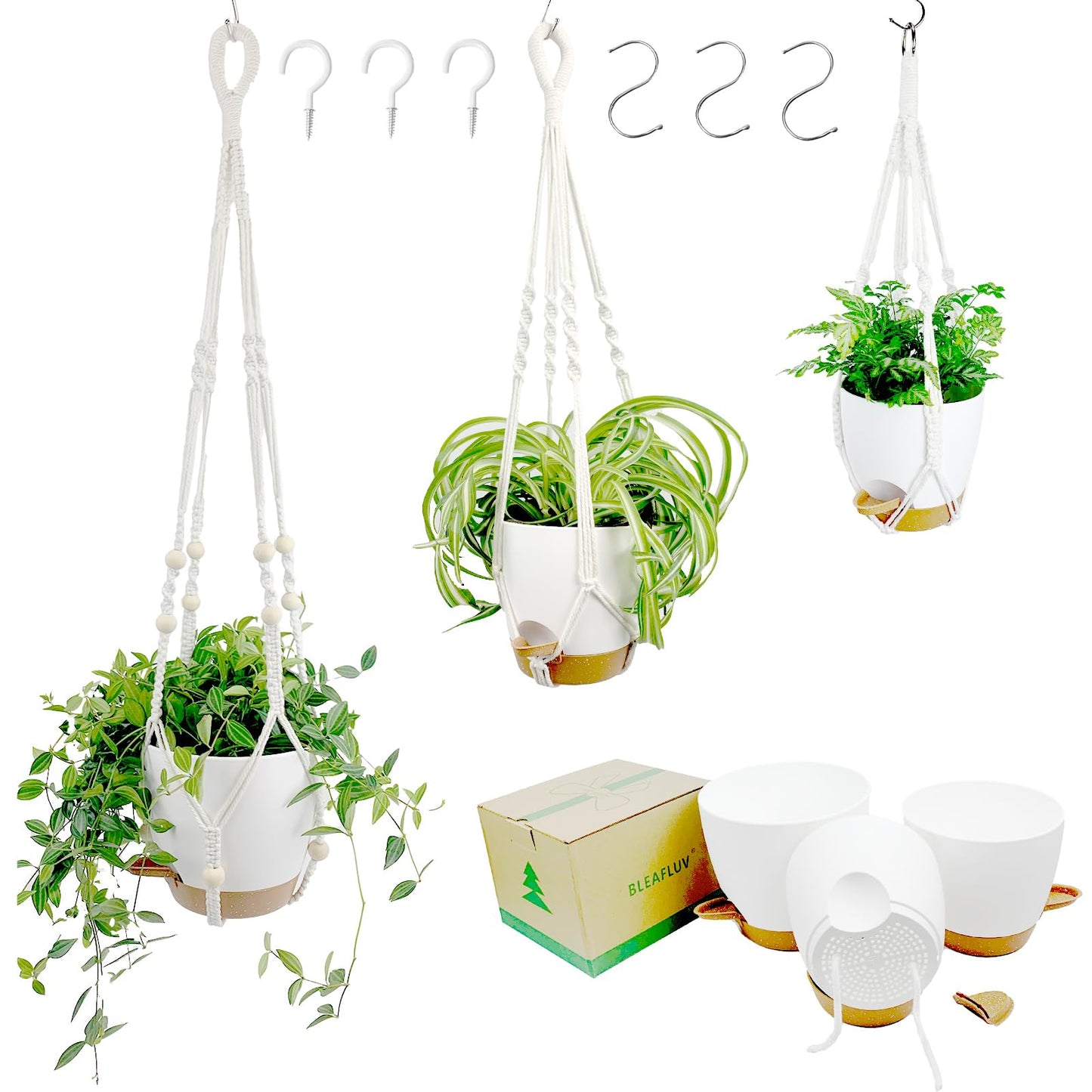 BLEAFLUV Hanging Planters with Macrame Plant Hangers for Indoor Outdoor Plants, 3 Set Hanging Baskets Flower Pots Holders 35''/27''/21'', Self-Watering Pots 7''/6''/5.5'', Boho Home Decor, White