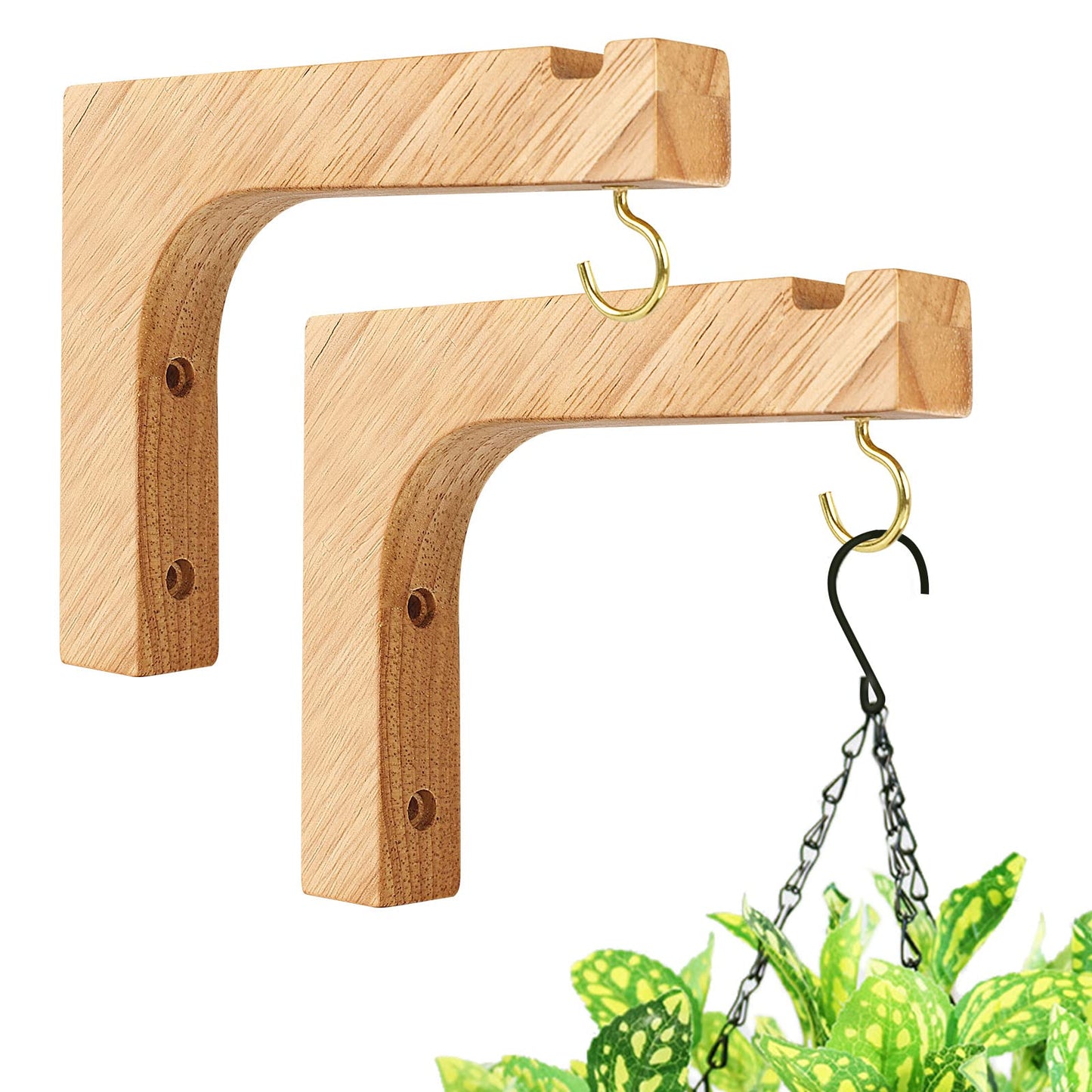 Macrame Plant Hanger, Hanging Wall Planters for Indoor Plants, Wooden Hanging Basket Hooks for Outdoor Pots Wind Chime Flower Bracket Lanterns Patio Garden Decoration (2-Pack,5-Inch)