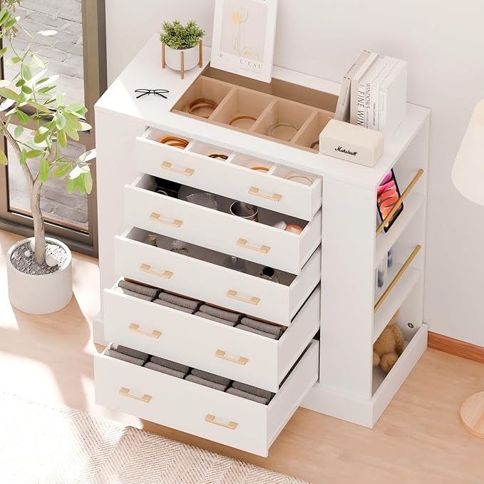 Drawer Dresser with LED Lights and Open Shelves, Modern Tempered Glass Top