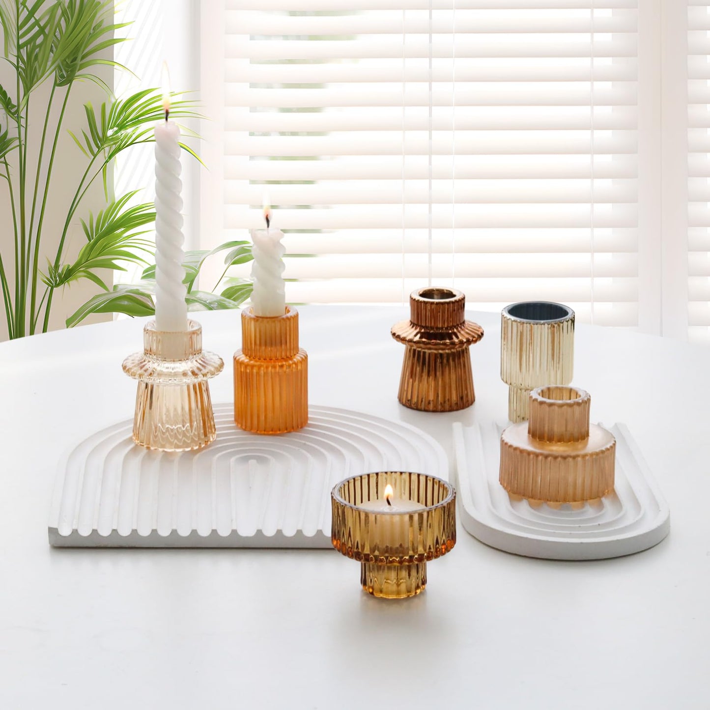 SYFURNIX Gold Candlestick Holders 12PCS Ribbed Glass Taper Candle Holders Set for Tealight Candlestick Candles, Table Centerpieces for Thanksgiving Christmas Farmhouse Decor Indoor and Outdoor