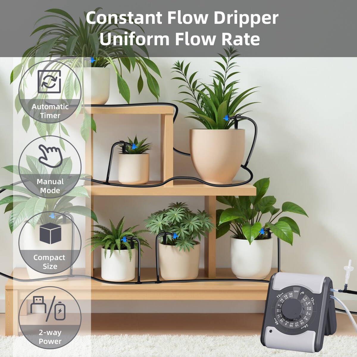 Automatic Drip Irrigation System for Houseplant Auto Easy DIY Watering Device Supported 10 Pots Indoor Plants with Anti-Siphoning Device