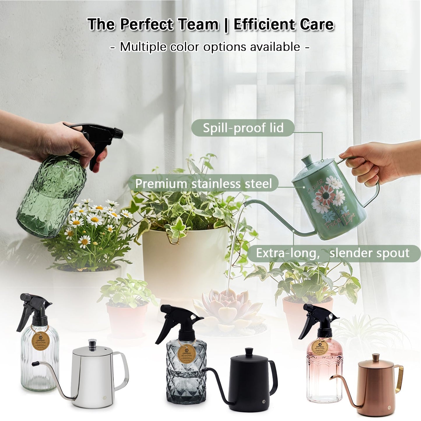 OFFIDIX Watering Can for Indoor Plants,Long Spout Metal Stainless Steel 21 oz Small Indoor Plant Watering Can with 14 oz Glass Plant Mister Spray Bottle for Inside
