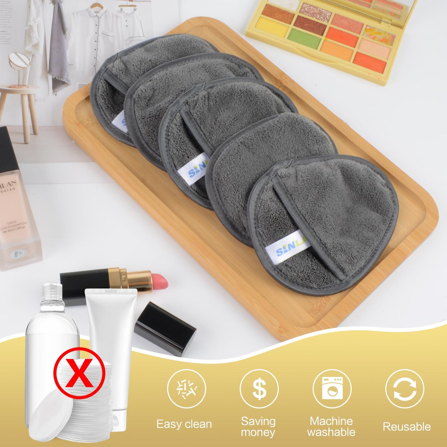 SINLAND 6 Pack Microfiber Makeup Remover Pads Reusable Makeup Eraser Washable Facial Cleansing Pads With Laundry Bag Dark Grey