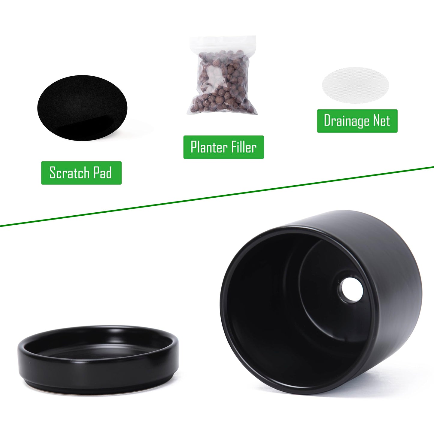 D'vine Dev 3.5 Inch & 4.7 Inch Ceramic Planter Pots for Plants with Drainage Hole and Saucer, X-Small Plant Pots Set, Black, 94-G-XS-2