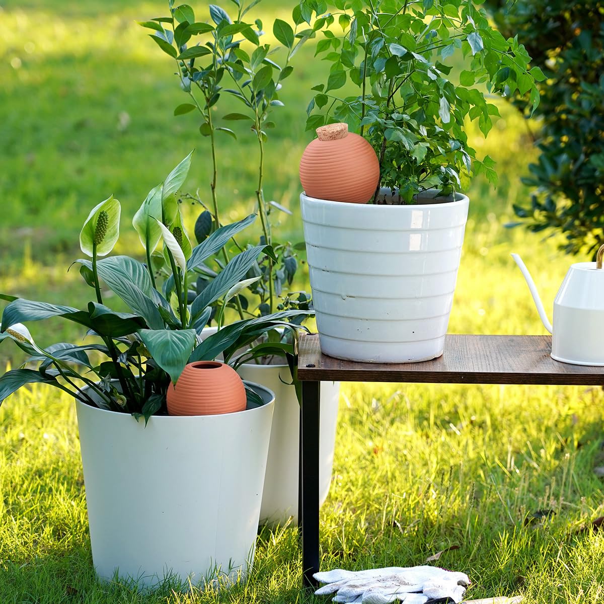 Plant Watering Globes Set of 4, 14oz Terracotta Self-Watering Globes for PottedPlants, Watering Planter Insert Bulbs with Cork Stoppers, Automatic Watering Spikes for Indoor&Outdoor Plants, Orange