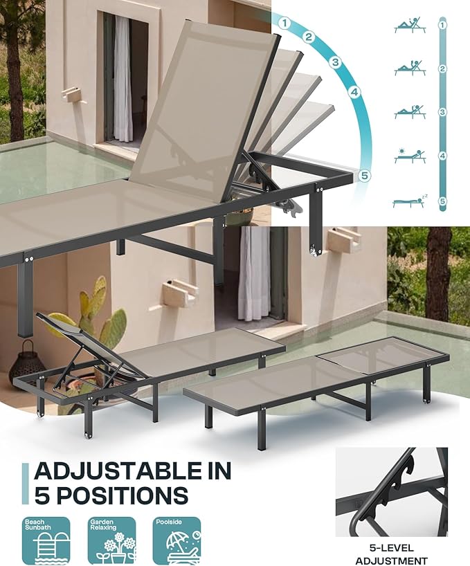 Outdoor Lounge Chairs Set of 2, Aluminum Pool Lounge Chairs