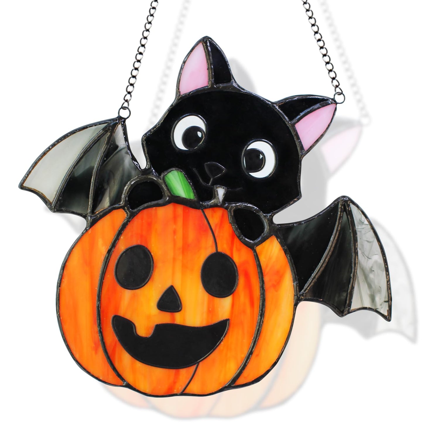 JAWNLITY Stained Glass Window Hanging Sun Catcher, Handmade Bat and Pumpkin Suncatcher for Window, Wall Porch Decoration, Cute Cartoon-Style Stained Glass Halloween Christmas Decor Gift