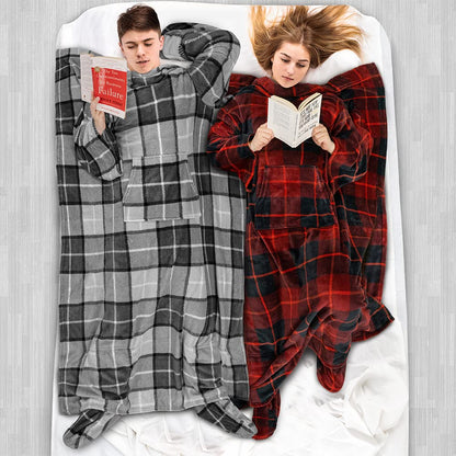 PAVILIA Fleece Blanket with Sleeves, Foot Pockets for Women Men Adults, Plush Wearable Blanket Throw Wrap, Warm Snuggle Blanket Robe, Cozy Gift Ideas Wife Mom, Plaid Red