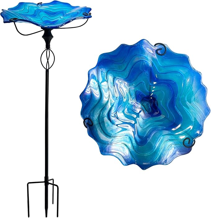 HONGLAND Bird Baths for Outside,11" Small Blue Glass Birdbaths Outdoor,Detachable Bird Feeder with Metal Stake for Garden Yard Patio Decor,32" Height