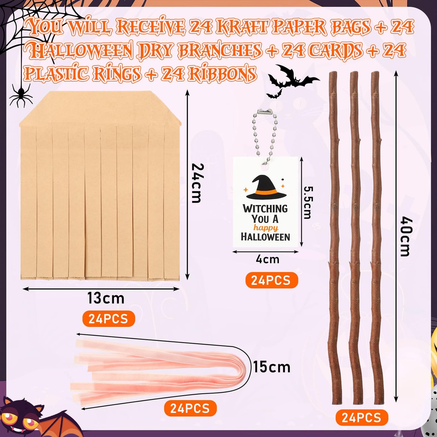 Geyoga 96 Pcs 25" Halloween Treat Bags Large Witch Broom Candy Kraft Paper Bag Set (No Need to Crop) with Pink Cable Tie, Gift Card and Real Dry Branches for Halloween Trick or Treat Party Supplies