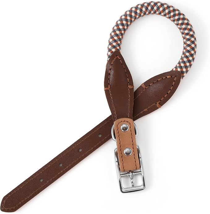 Mile High Life Genuine Leather Dog Collar, Durable Braided Cotton Rope Collar with Metal Pin Buckle for Small Medium Large Dogs (Brown Plaid, L Neck 17"-21")