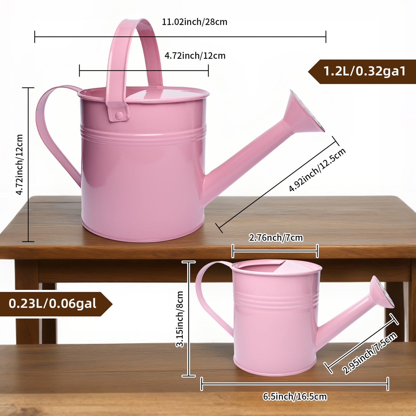 Small Metal Watering Can Set, Pink, 1.2L and 0.23L Garden Cans with Long Spout, Indoor Outdoor Plant Care (Pink)