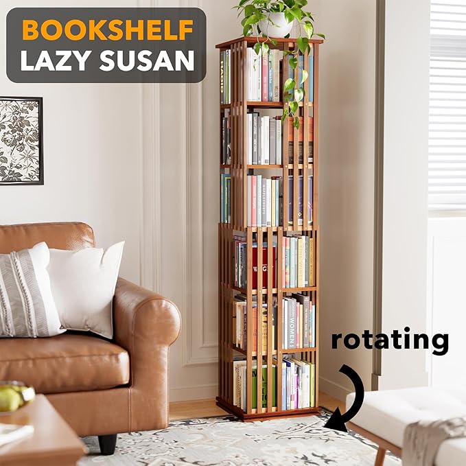 SpaceAid 6 Tier Rotating Bookshelf Tower, Bamboo Spinning Book Shelf, Revolving