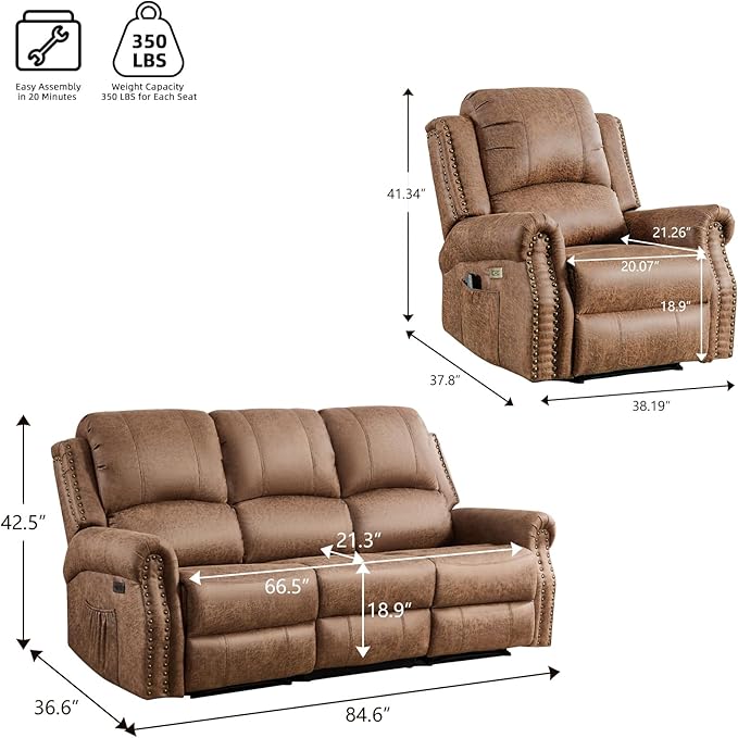 EBELLO 2 Piece Power Faux Leather Recliner Sofa Set, Reclining Living Room
