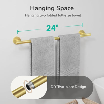 USHOWER Light Gold Towel Bar, 24-Inch Towel Racks for Bathroom Wall-Mounted, SUS304 Stainless Steel Towel Rod (Total Length 26-Inch)