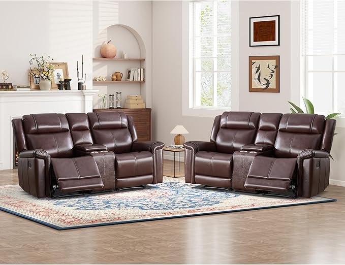 ANJ Geniune Leather Manual Loveseat Recliner Sofa Set of 2