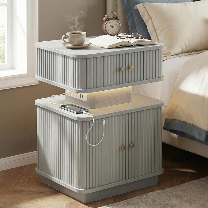 Nightstands Set of 2 with Charging Station, Modern Night Stands Set 2 with