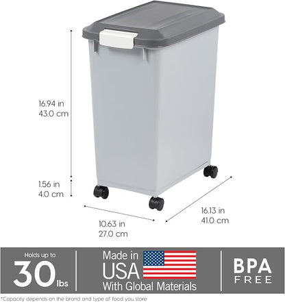 IRIS USA Dog Food Storage Container with Wheels, Airtight Lid, 2-Cup Scoop, Up to 30 Pounds Pet Food Storage, Built in Scoop Storage in Lid, Versatile Pet Food Bin, Portable, BPA Free, Gray/Dark Gray