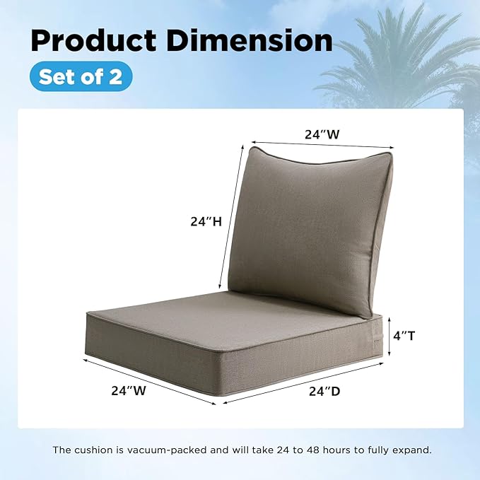 Sunbrella Outdoor Deep Seat & Back Cushion Set, 24 x 24 Inch Water Repellent