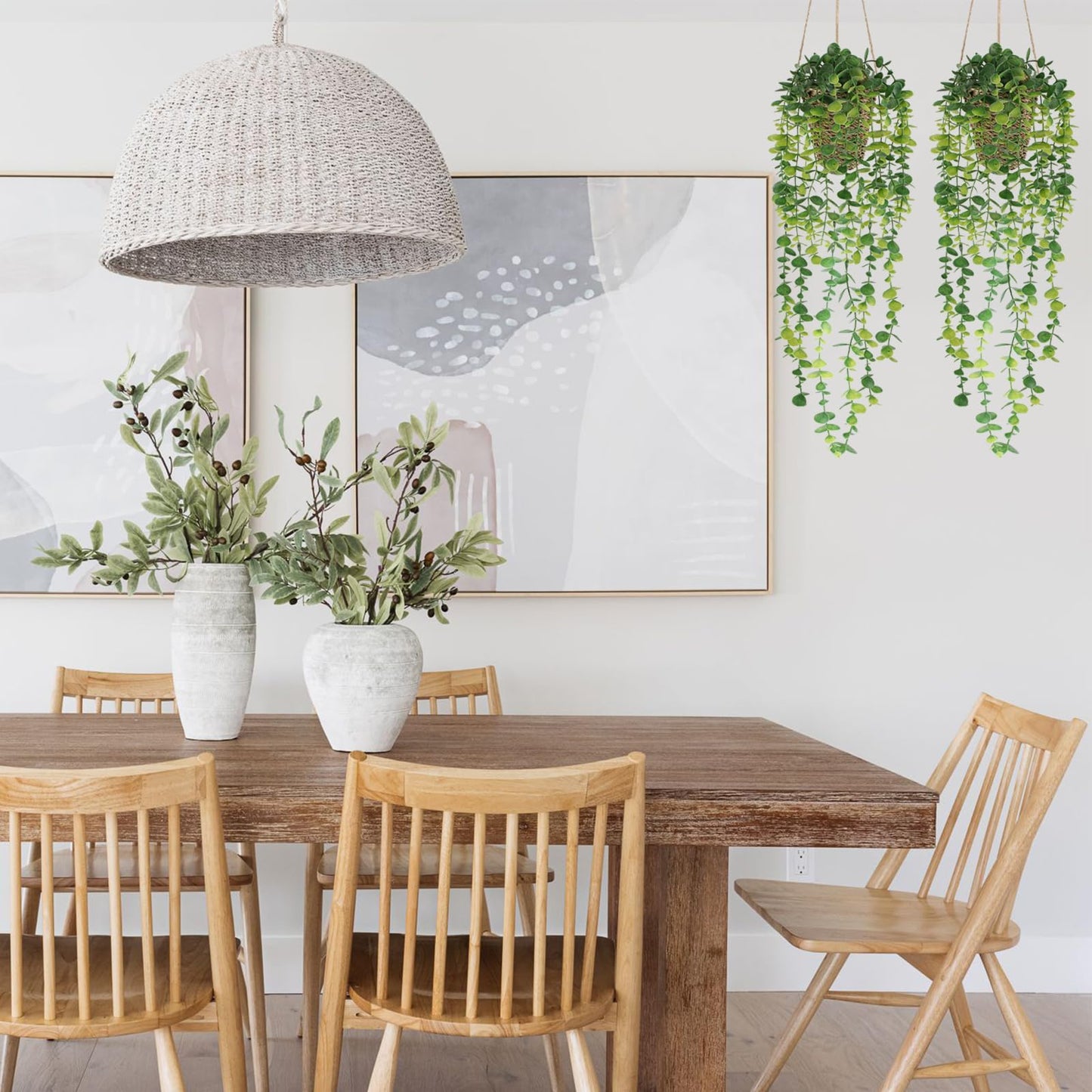Nisoger Fake Hanging Plant with Woven Basket, 2 Pack Artificial Hanging Plants, Faux Vines Eucalyptus Leaf Hanging Pot Plant for Wall Home Room Indoor Outdoor Bedroom Bathroom Office Decor