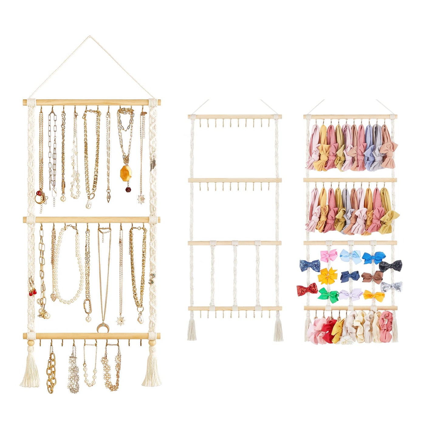 Dahey Hanging Jewelry Organizer Macrame Necklace Holder with 30 Hooks and Macrame Headband Holder with 30 Hooks Boho Nursery Decor for Baby'S Room