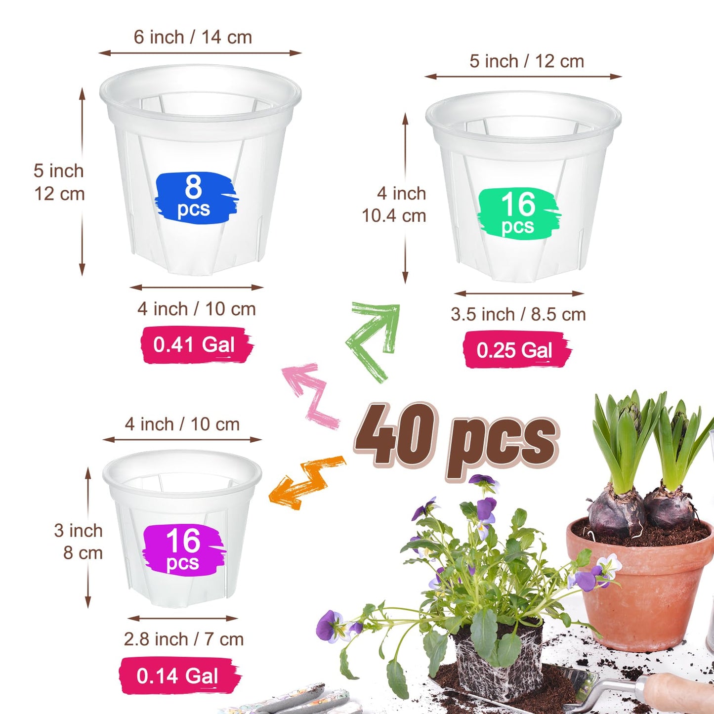VIOBEPASS Clear Nursery Pots with Drainage, 40 Pack Transparent Plastic Orchid Planters, 3 Sizes Plant Pots 6/5/4 Inch with 40 Plant Labels for Seedlings, Succulents, Indoor/Outdoor Repotting