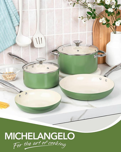 MICHELANGELO Pots and Pans Set Non Stick 8 Piece Ceramic Cookware Set Green | PFAS-Free Green Ceramic Nonstick Cookware Set for Eggs, Fish, Vegetables, Low-Oil Cooking and Induction Ready, Easy Cleanup