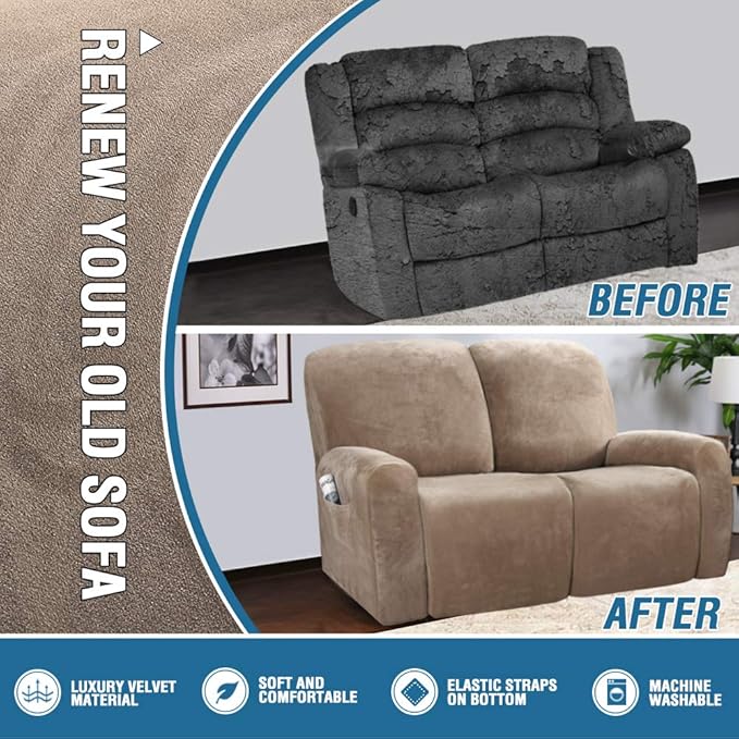 H.VERSAILTEX Velvet Stretch Recliner Couch Covers 6-Pieces Recliner Loveseat