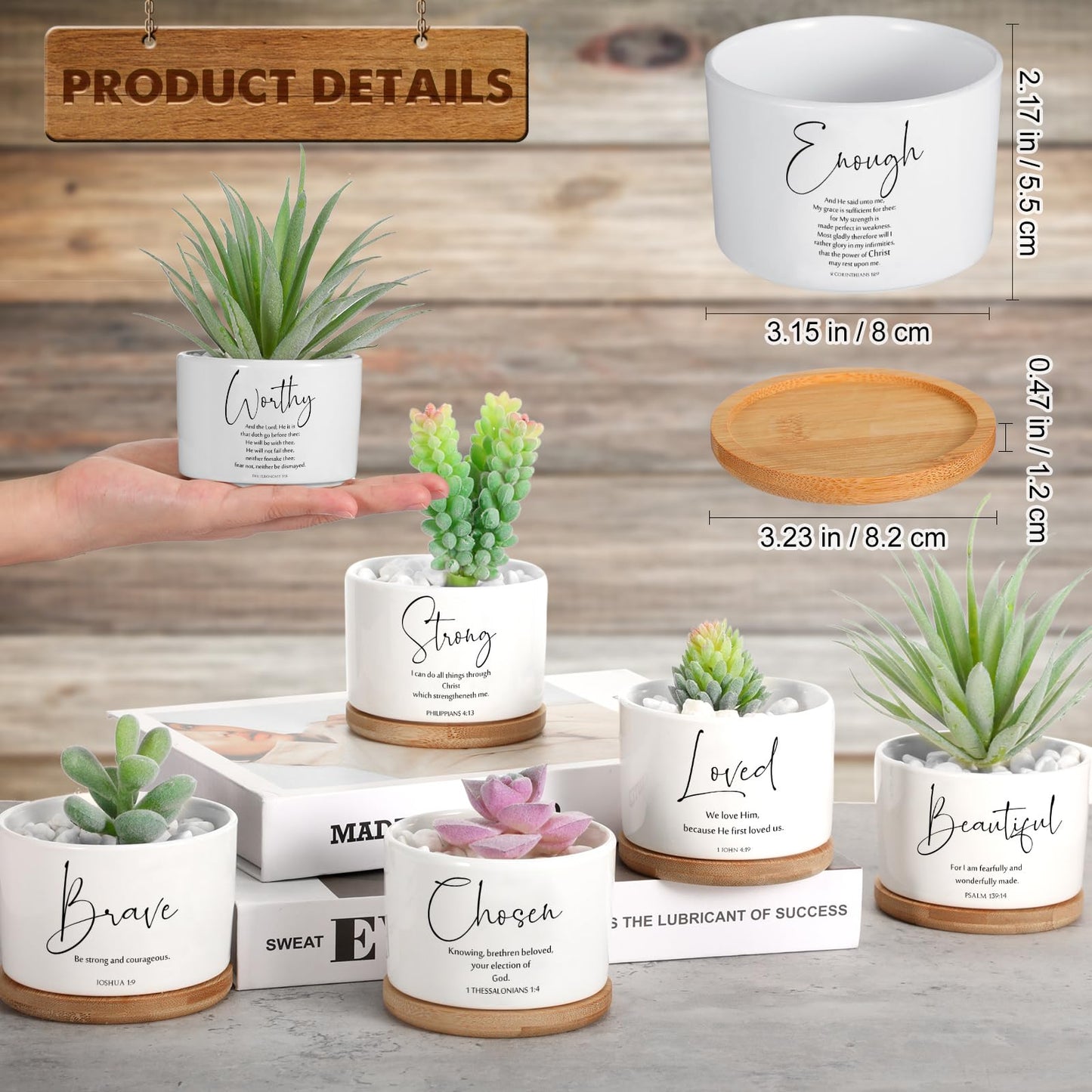 Fumete 24 Set 36 Set Father's Day Christian Religious Gift Bulk Bible Verse Succulent Pots with Tray Drainage, 12 Scripture Quote, 3x2 in Mini Ceramic Flower Planter for Home Church Gift (Affirmation)