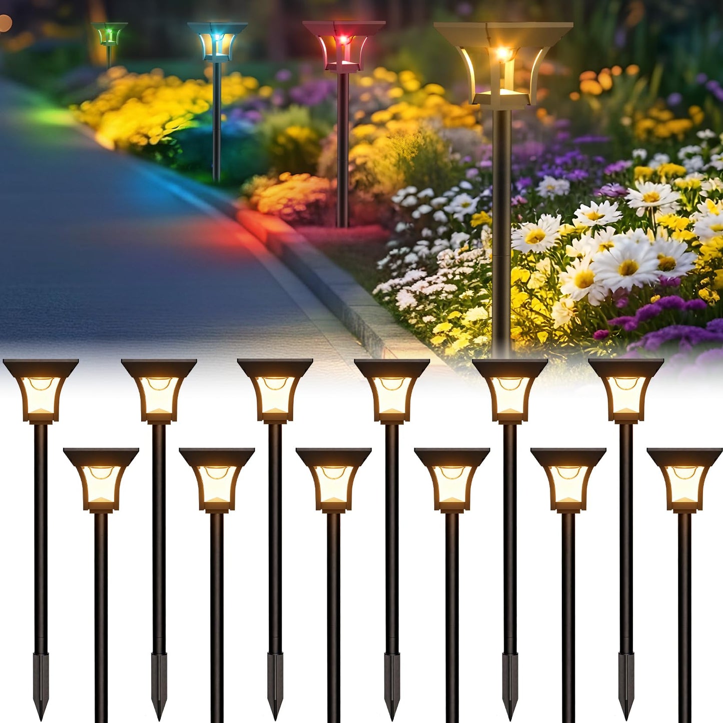 CINOTON 12 Pack RGBCW Solar Pathway Outdoor Lights, 3 Lighting Modes Solar LED Garden Lights, IP65 Waterproof Outside Solar Powered Landscape Lighting for Planter Lawn Pool Balcony RGB/Warm/Cold White