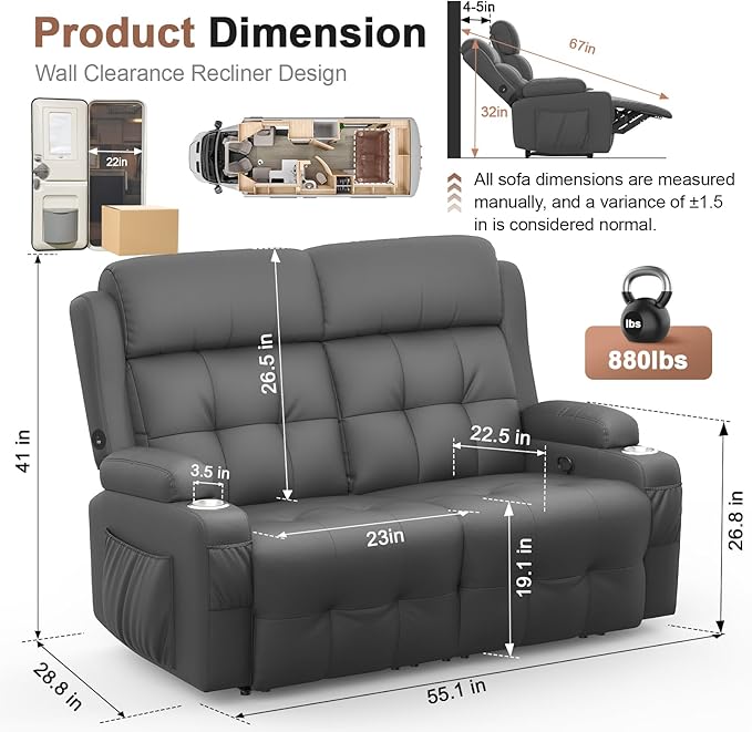 Reclining Loveseat, 55.1" RV PU Leather Wall Hugger Recliner Love Seats Sofa