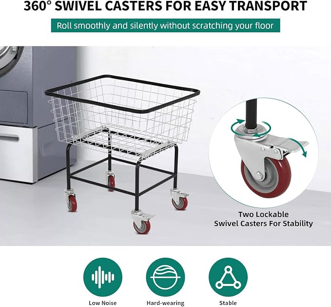 Large Rolling Laundry Cart with Wheels Holds 2 Washer Loads, Wire Laundry Basket, Heavy-Duty Steel Storage Basket with Galvanized Finish, for Commercial or Home Laundry