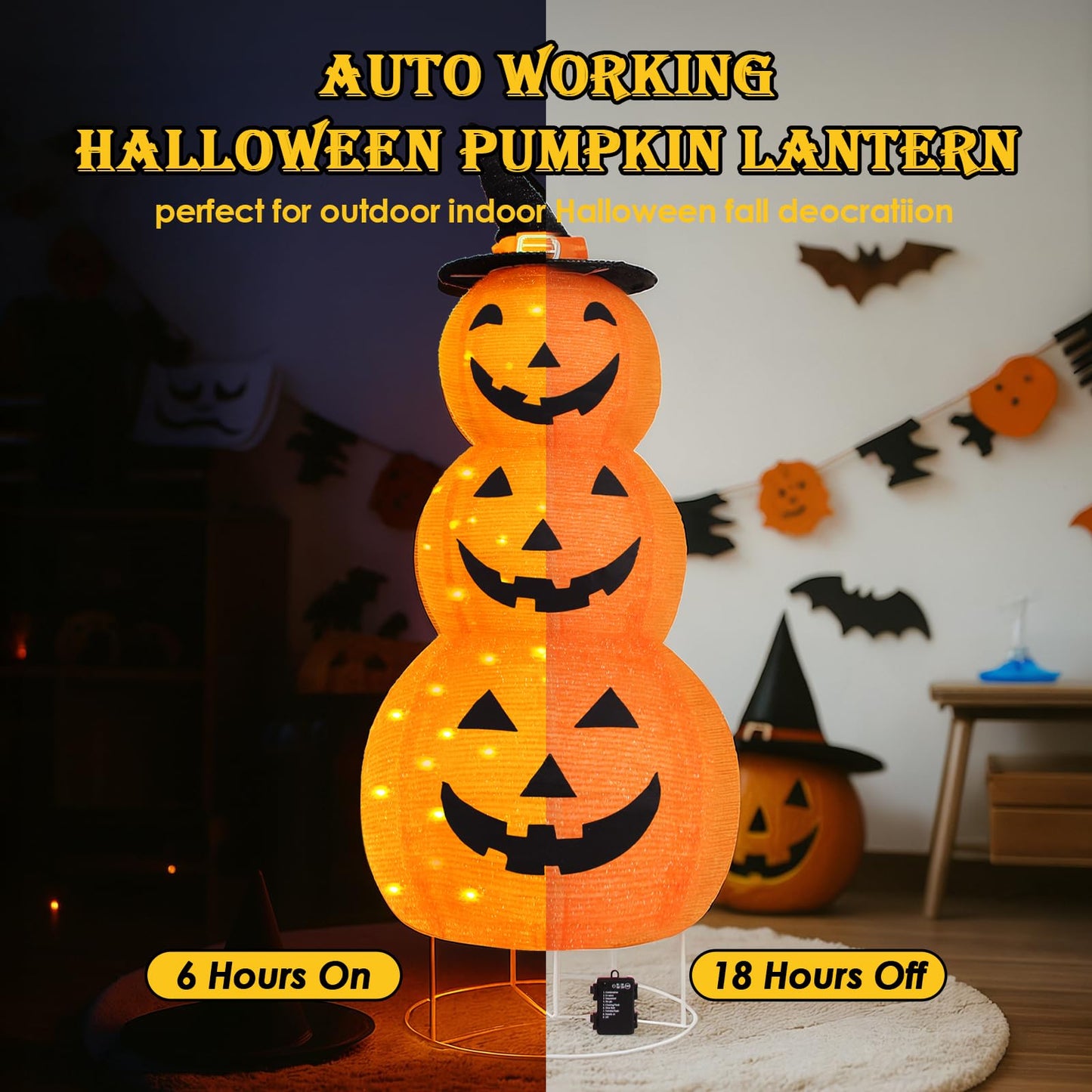 Halloween Pumpkin Decorations, Battery Operated Pre-Lit Collapsible Jack-o-Lantern with 100 LED & 8 Modes, Pop Up Pumpkin Decor for Indoor Outdoor Yard, Party, Halloween Fall Holiday