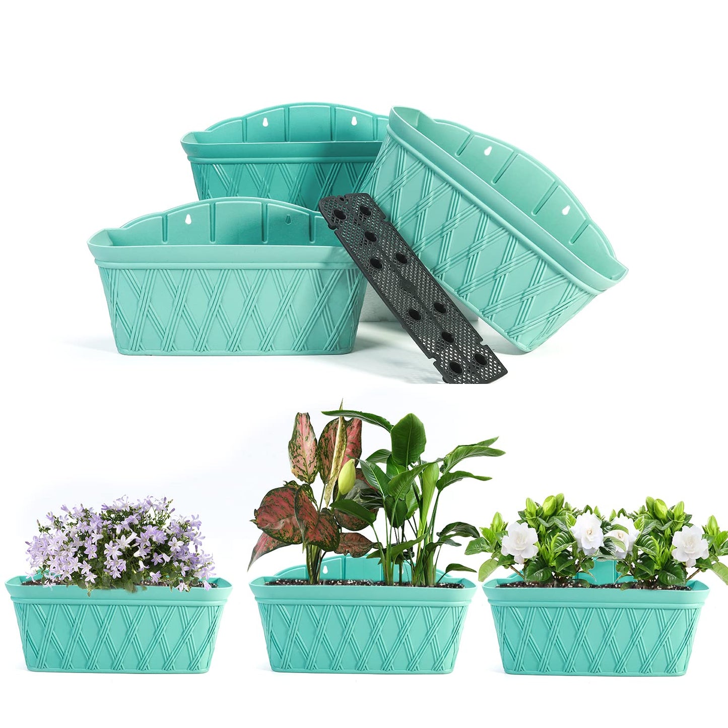 Sungmor 3 Pack Wall Hanging Planters, 16.5 Inch Railing Fence Hanging Flower Pots, Thickened Plastic Water Storage Plant Pot, Indoor Outdoor Garden Balcony Decor, Light Green Large Plant Basket