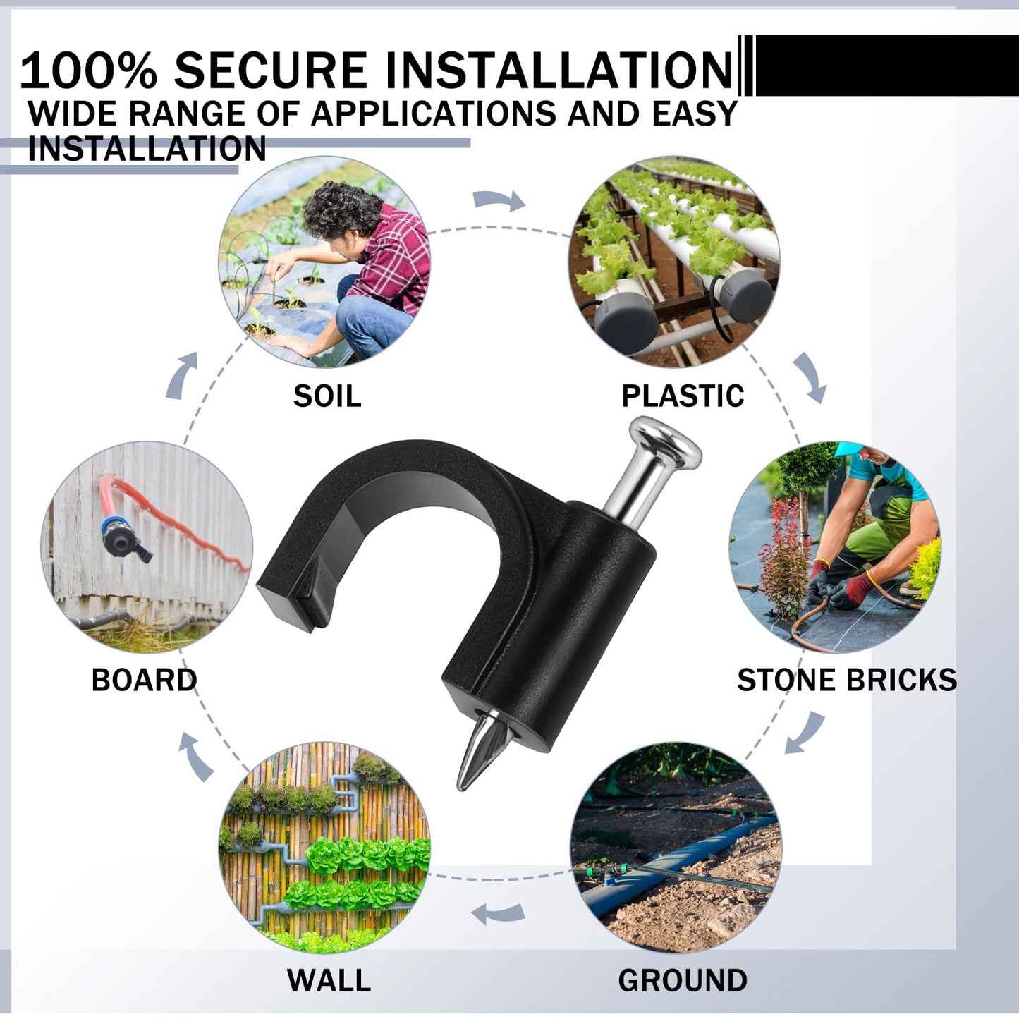 Leriton 100 Pcs Drip Irrigation 1/4" and 3/8" Tubing Mounting Clips, Firm and Easy to Install, Drip Irrigation Kit Connector, Black