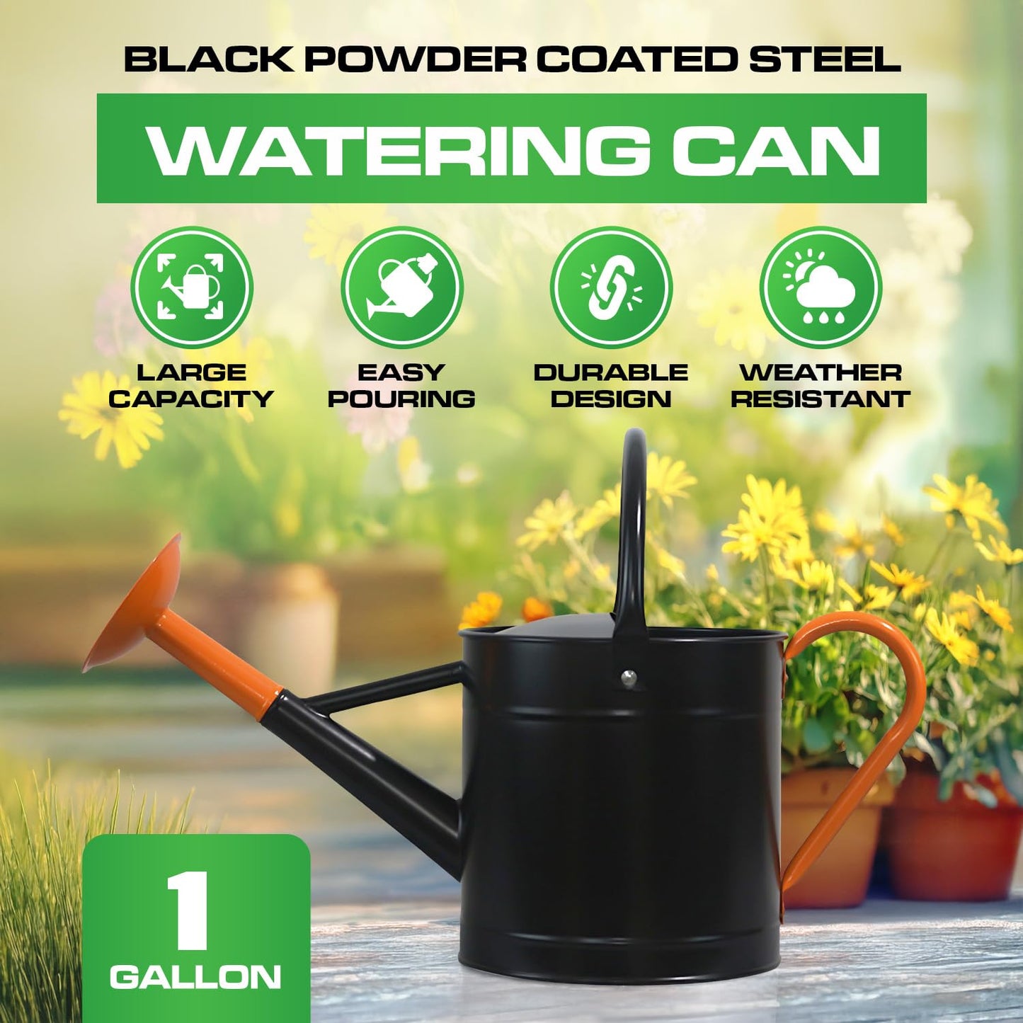 Plexon Metal Watering Can Outdoor 1 Gallon, Flower Plant Gardening Garden Large Watering Can Pot Pitcher, Steel Orange Handles and Removable Spray Spout, Black