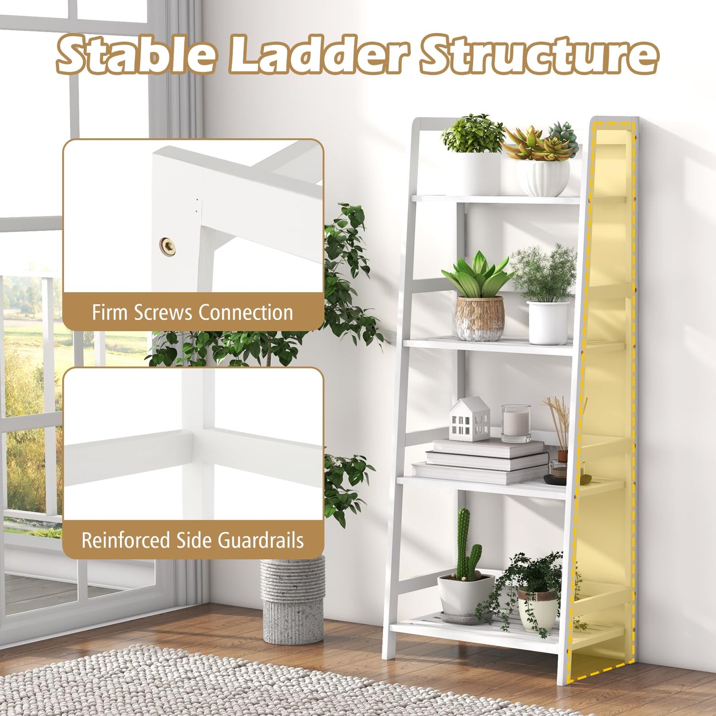 Giantex 4-Tier White Ladder Shelf, Bamboo Open Bookcase Book Shelf with Storage, 47.5" Freestanding Display Shelving Unit Plant Stand Rack Organizer, Shelves for Bedroom, Living Room, Home Office
