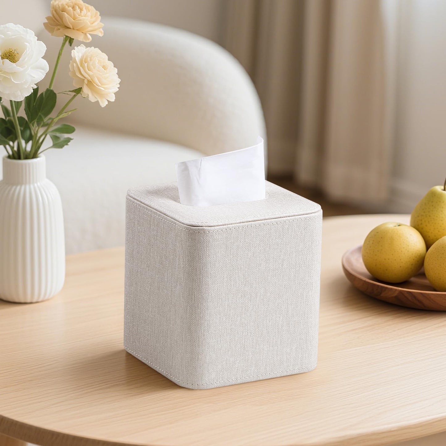 Cretkhp Square Linen Tissue Box Cover with Magnetic Closure, Modern PU Leather Tissue Box Holder for Bathroom Vanity NightStands Bedroom Office Desk, Stylish Cube Tissue Holder