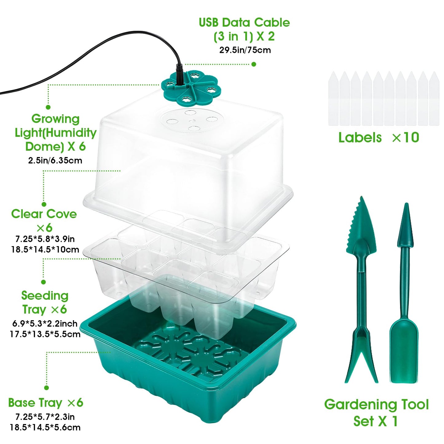 Ourhom Seed Starter Tray with Grow Light, 6pcs Seed Starter Kits with Light and Adjustable Humidity Domes, Covers Height 3.9", Indoor Seedling Starter Plant Germination Trays (Green-Warm White)