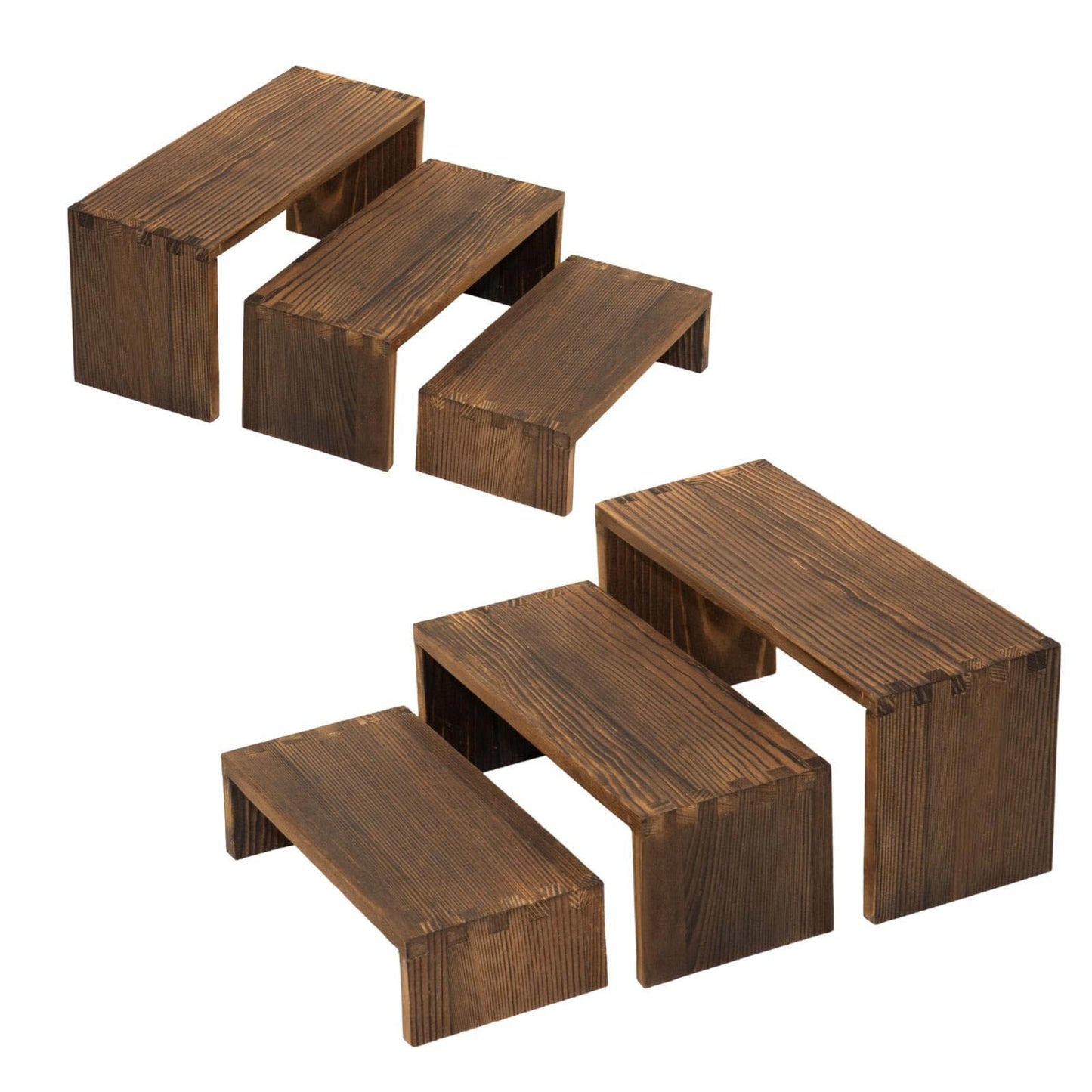 Jerbikas 3-Tier Wood Display Riser 2 Set, Tiered Display Stand for Food, Kitchen, Desk & Party - Solid Pine Wooden Shelf & Organizer for Plants, Collectibles, Office (9.5/8.5/7.5 In)