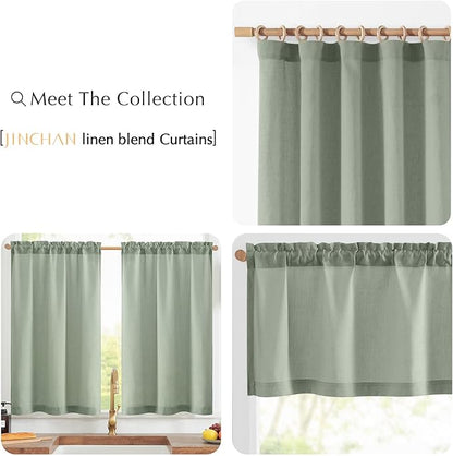 jinchan Linen Textured Tier Curtains 36 Inch for Kitchen Windows Farmhouse Cafe Curtains Small Drapes Rustic Light Filtering Half Window for Living Room Laundry Rod Pocket 2 Panels Green