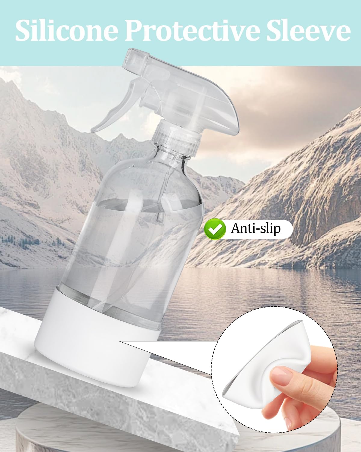 2 Pack 360° Glass Spray Bottles with Silicone Sleeve, 16 oz Empty Refillable Containers with Adjustable Spray Nozzles, Spray Bottles for Hair, Cleaning Solutions and Plants White