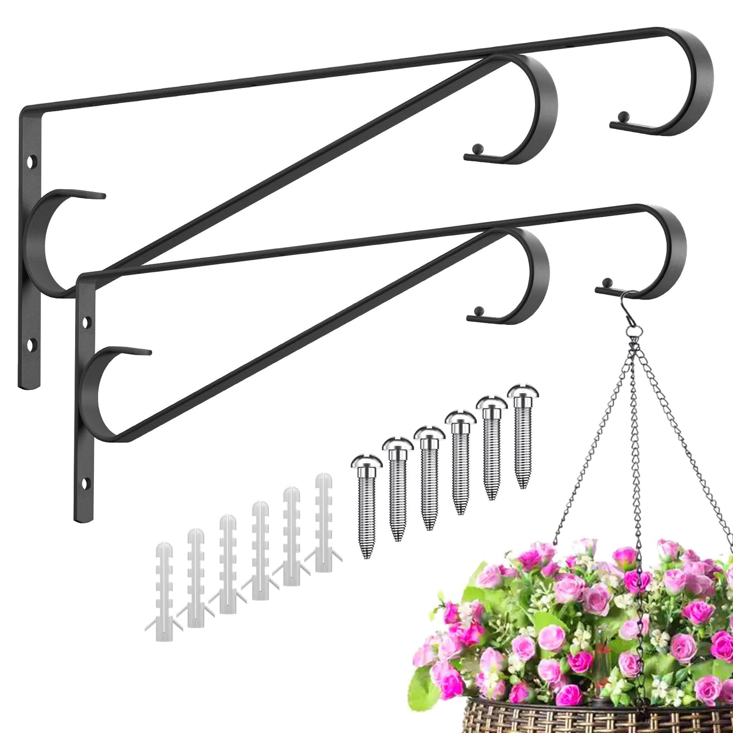 Hystun Plant Hangers Outdoor (2 Pack-15.5 Inch Black) Plant Hooks Heavy Duty Iron Plant Hanger Hook for Wall, Hanging Plant Bracket for Planters, Bird Feeders, Lanterns, Wind Chimes, Outdoor