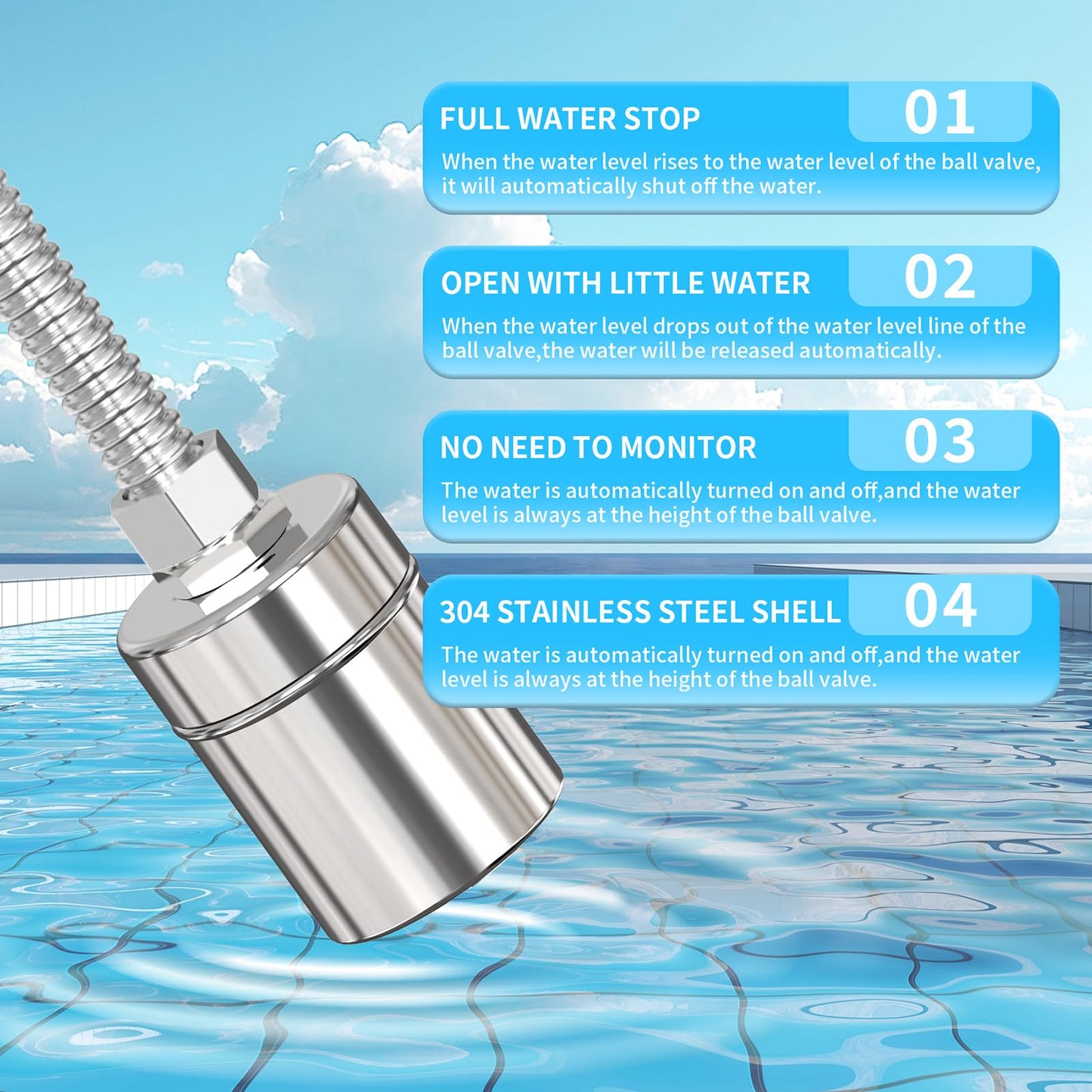 304 Stainless Steel Float Valve for Water Tank – Automatic Water Level Control, 1/2" NPT Thread, No Electricity Needed, Full Water Shutoff for Livestock Troughs, Pools, and Stock Tanks