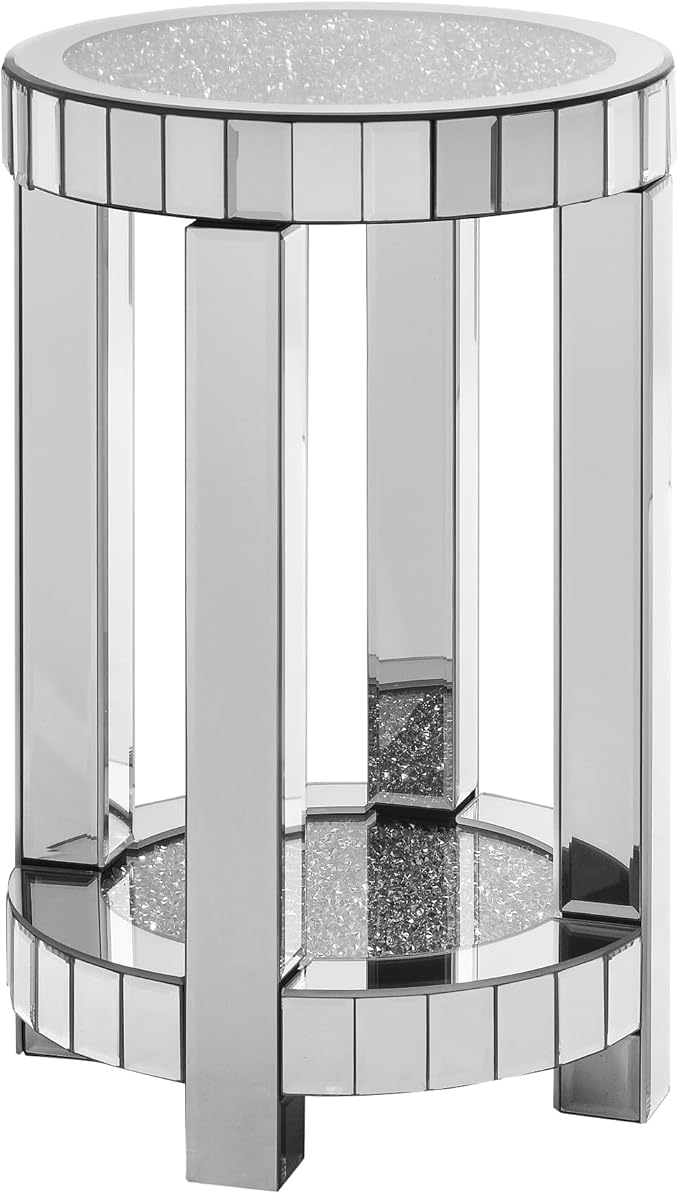 Mirrored Round End Table with Crystal, 2-Layer Modern Small Sofa Table with