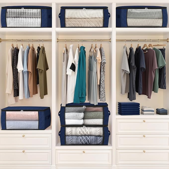 Fab totes 35L Closet Organizers and Storage, Foldable Under Bed Storage Containers, Storage bags for Organizing Bedroom, Closet, Clothing,Organization with Handle (6 Pack,Blue)