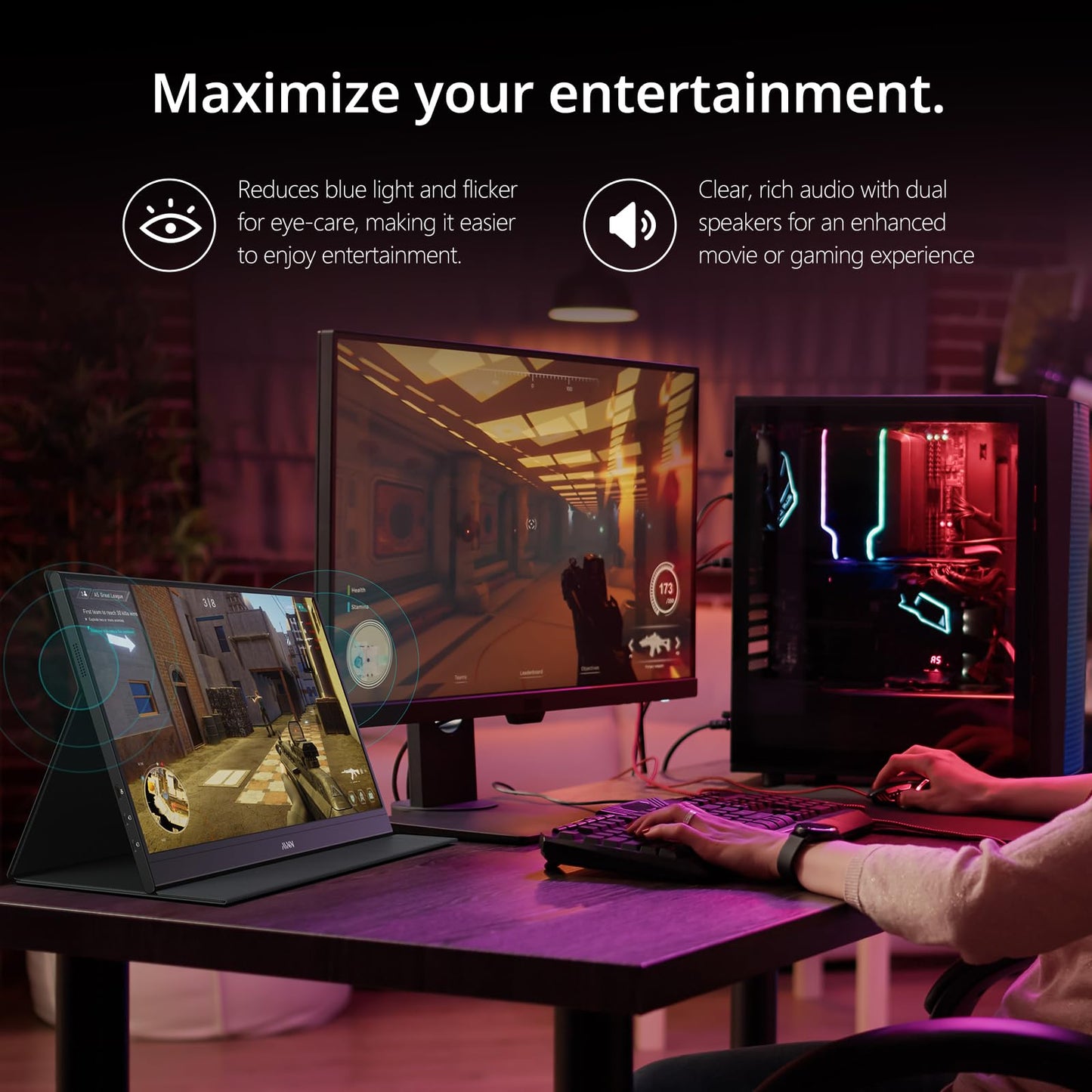 MNN Portable Monitor 15.6inch FHD 1080P 60Hz USB C HDMI Gaming Ultra-Slim IPS Display w/Smart Cover & Speakers,HDR Plug&Play, External Monitor for Laptop PC Phone Mac (15.6'' 1080P)